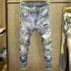 2025 Spring/Summer Men's Slim Fit Patchwork Ripped Jeans, Straight Leg, Blue with Applique and Raw Edge