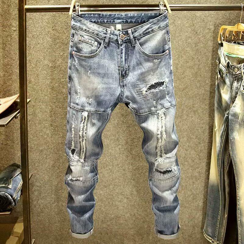 2025 Spring/Summer Men's Slim Fit Patchwork Ripped Jeans, Straight Leg, Blue with Applique and Raw Edge