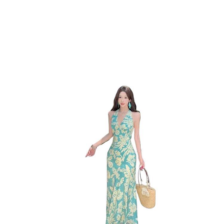 Beautiful beach dress seaside vacation French sleeveless neck waist blue neck collar dress halter dress women