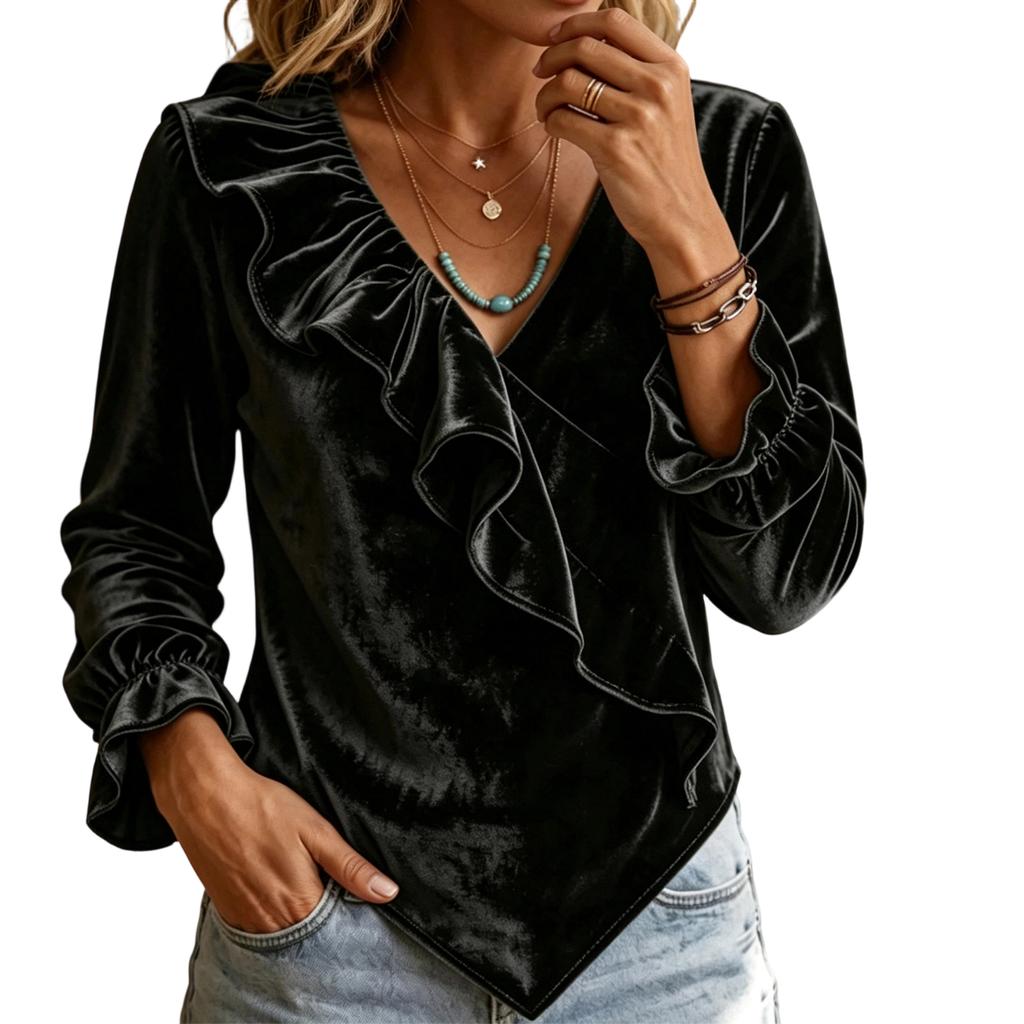 Women's Casual Fashion Velvet V-Neck Ruffle Blouse Top for Everyday and Wear