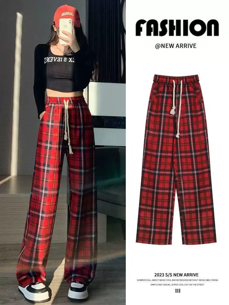 

Женские брюки широкого кроя в красную клетку - повседневный осенне-зимний спортивный стиль XL