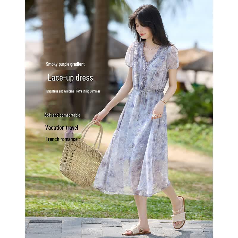 French Elegant Puff Sleeve Floral V-Neck Dress L