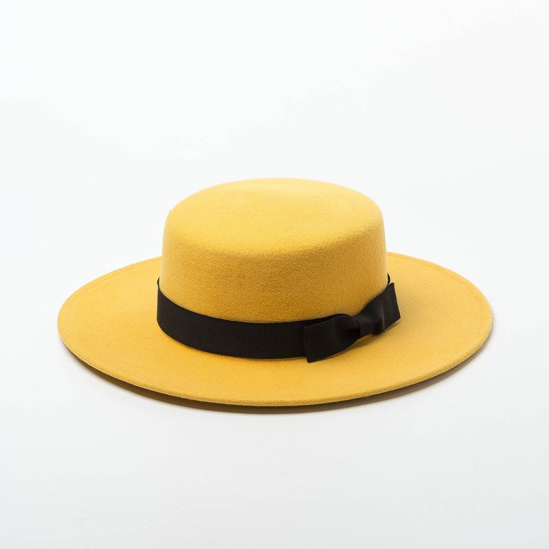 Europe, America, Autumn and Winter New Bow Wool Woolen Flat Top Top Hat Women's Fashion Wool Felt Flat Top Hat
