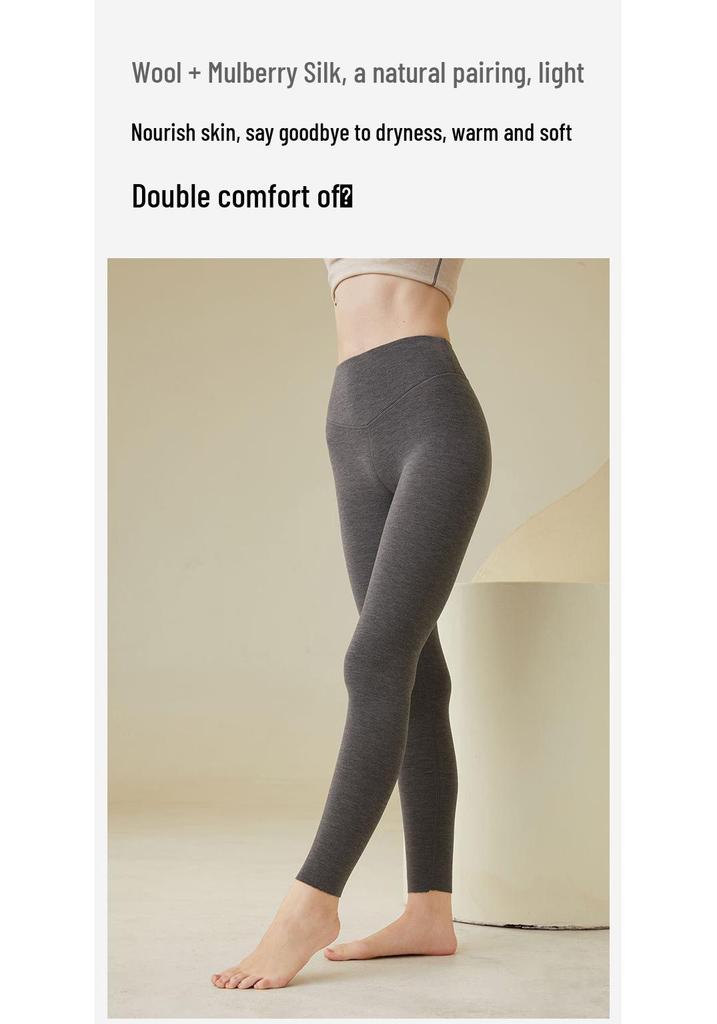 Women's Double Layer High Waist Wool Cashmere Silk Pants - Warm Velvet Lined Base Layer for Autumn