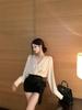 Korean Style Color Block V-Neck Batwing Sleeve Shirt - Women's Elegant Tie-Up Waist Spring Top