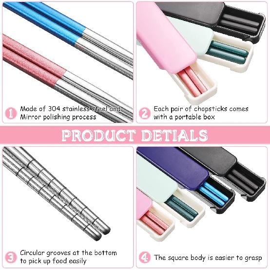 Patelai 4 Pairs Portable Chopsticks with Case Stainless Steel Chopsticks Reble Portable Utensil for Home Office Camp Travel Bento Box