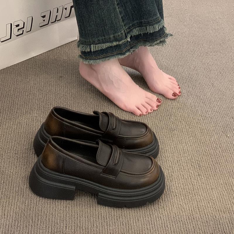 Black platform British style small leather shoes women's 2024 autumn and winter new women's shoes retro Mary Jane one-pedal loafers