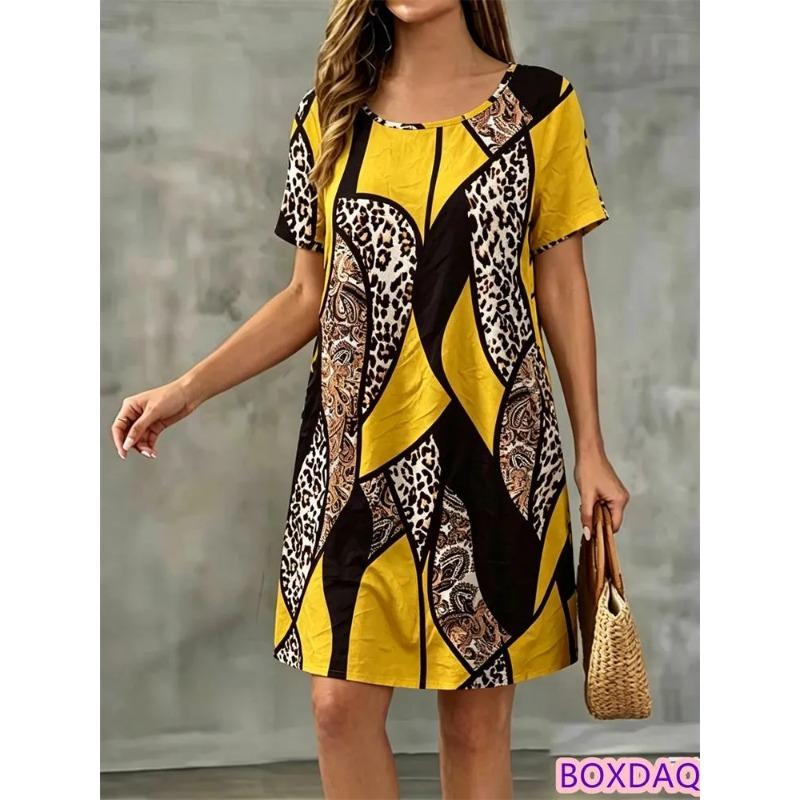 Summer Ladies 3D Printed Crew Neck Short Sleeve Dress Fashion Versatile Trend Breathable Casual