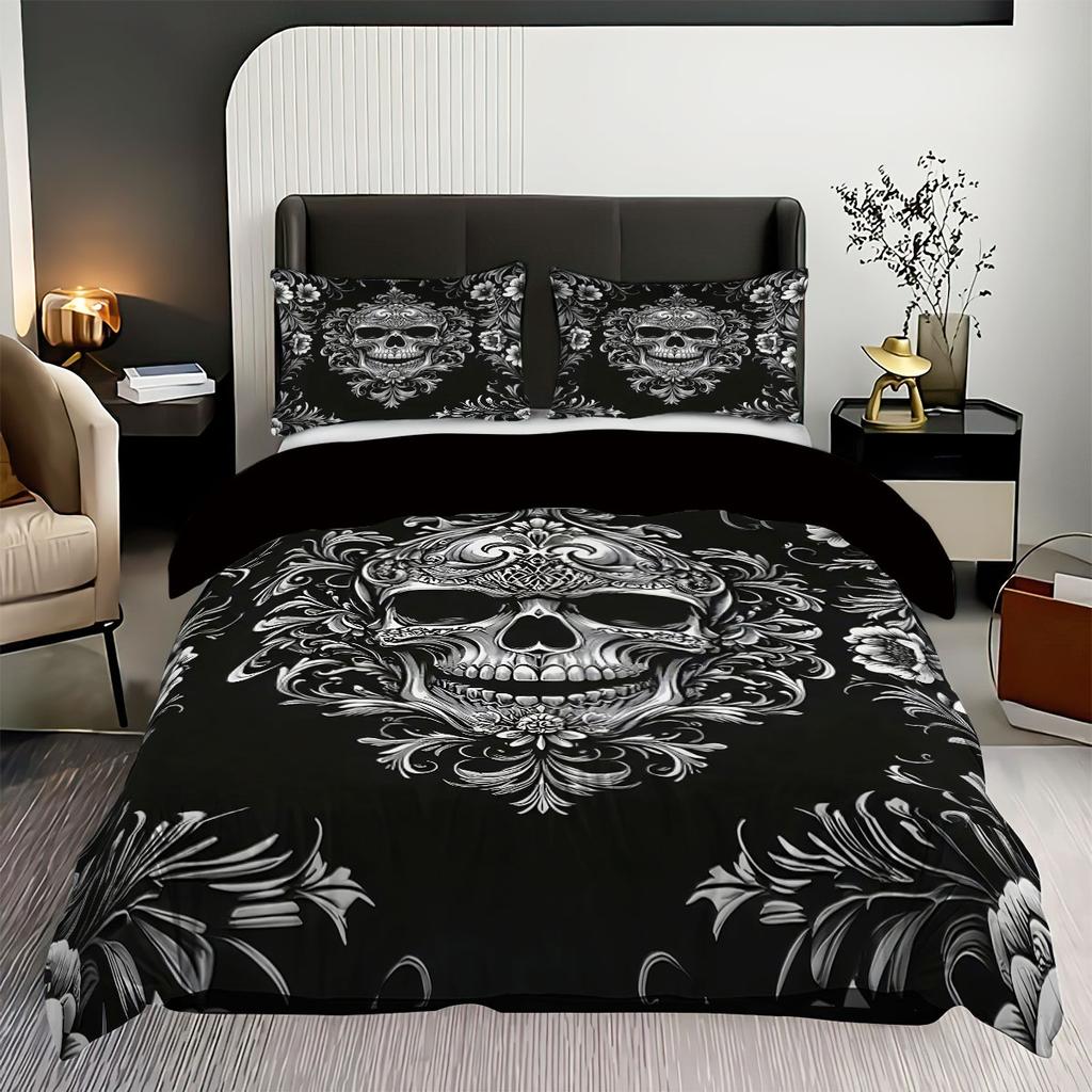 3PCS Black and White Skeleton Victorian Baroque Gothic Retro Duvet Set (1 Duvet Set+2 Pillowcases without Pillow Core)