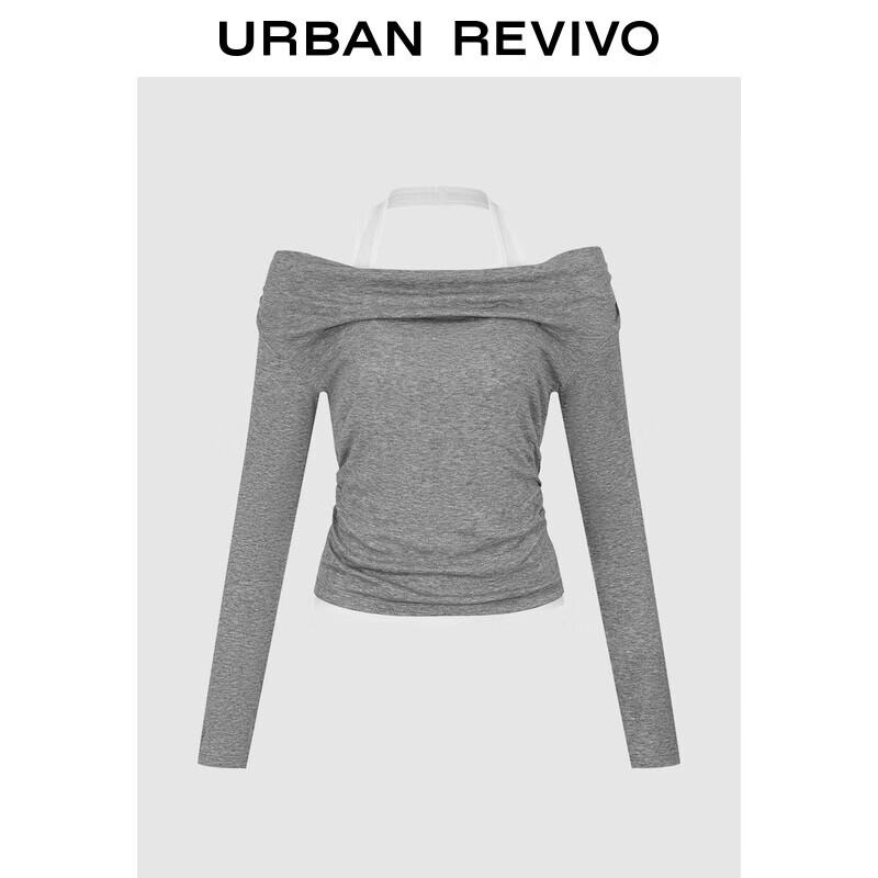 UR 2025 Autumn Women s Cold Grey Halter Neck Pleated Long Sleeve T-Shirt XL