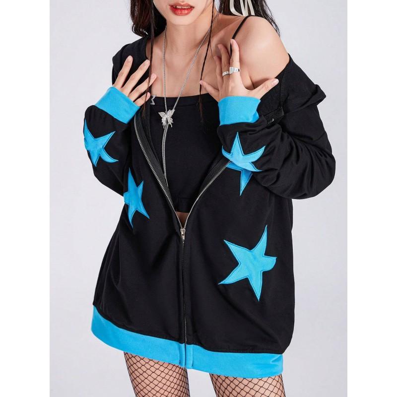 Womens Winter Hooded Zip-Up Sweater With Star Patch Print Streetwear Knit Top