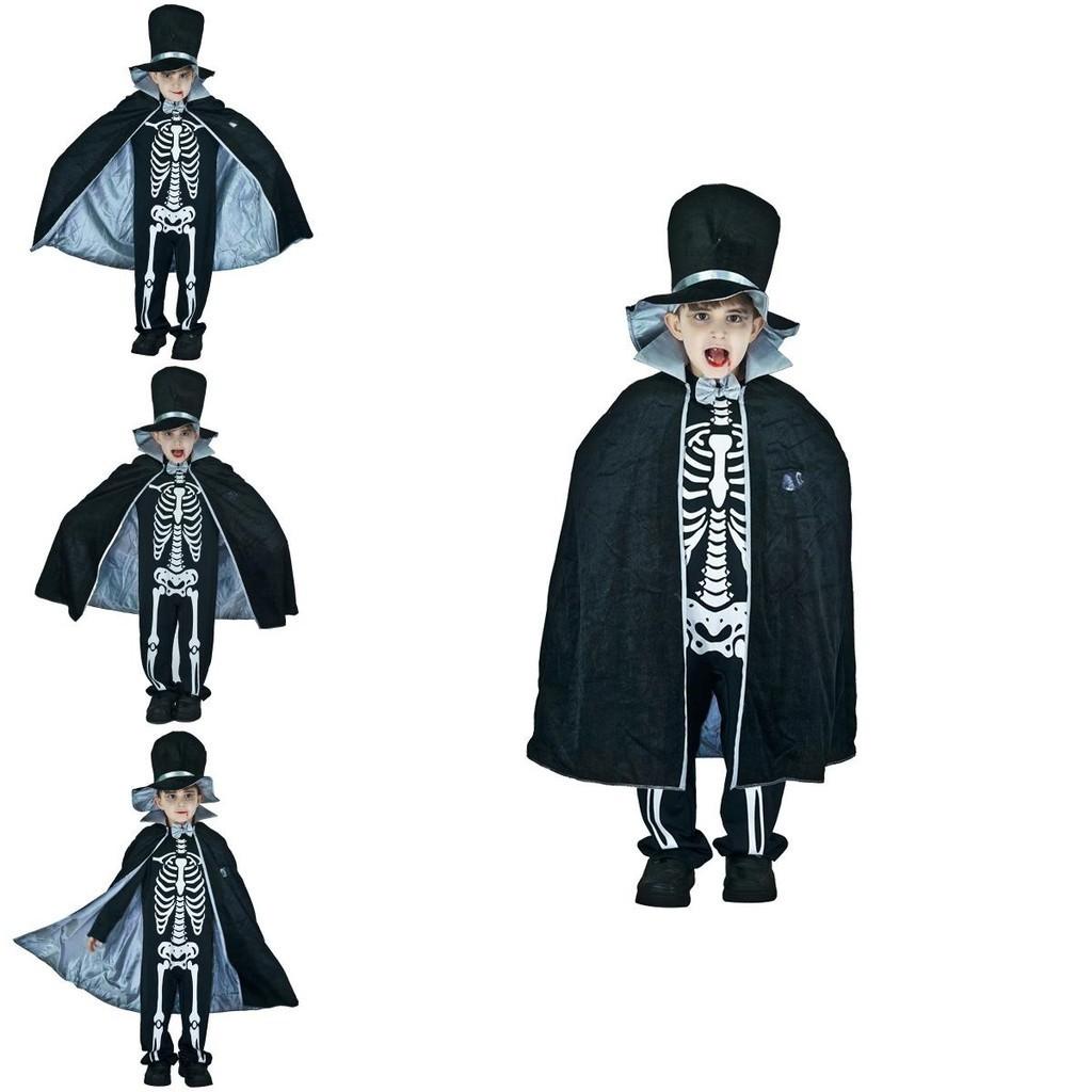 Kids Boy Skeleton Skull Ghost Cloak Halloween Cosplay Party Outfit Costume