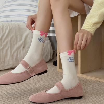 Calzini da donna a tubo medio con scritta e fiocco per primavera e autunno