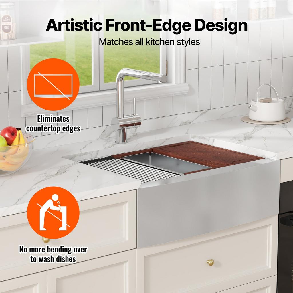 VEVOR Farmhouse Kitchen Sink, 304 Stainless Steel Drop-In Sinks, Top Mount Single Bowl Basin with Ledge & Accessories