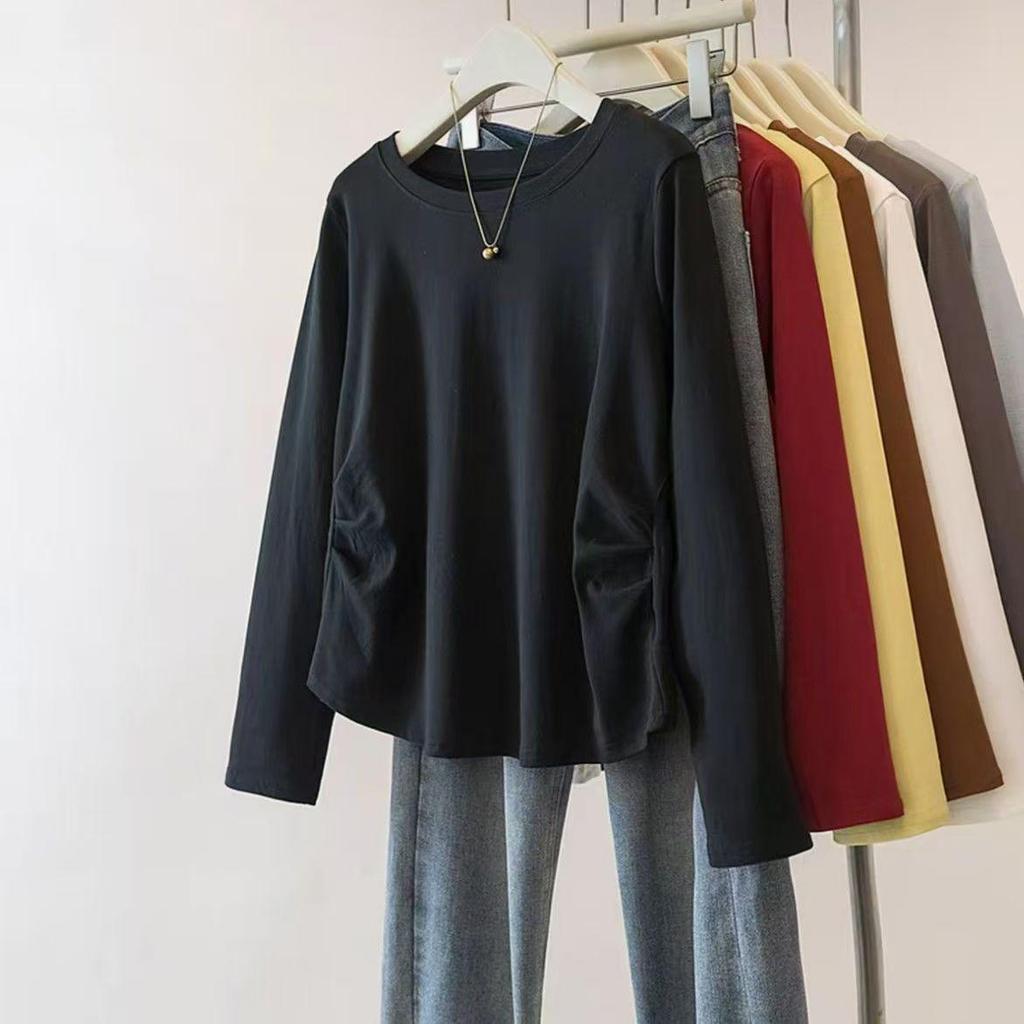 2025 Autumn Pure Cotton Pleated Long Sleeve Korean Style Plus Size Slimming Top