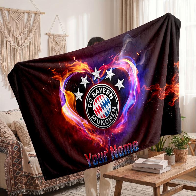 Personalisierte Fleece-Decke FC Bayern München Mit Fußball-Logo, Individueller Name Text Weich Warm Home Überwurfdecke
