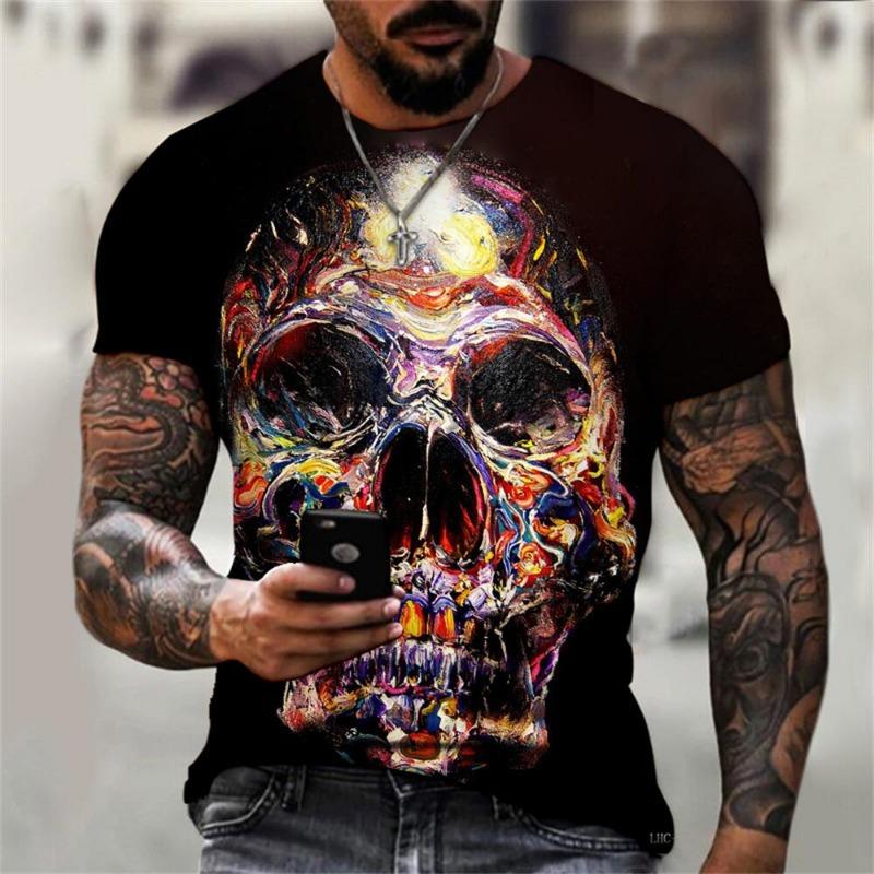 Men's Casual T-Shirt, Gothic Skull Heart Hands Graphic Black Short Sleeve Crew Neck Tee Cool Streetwear Halloween Fashion Top