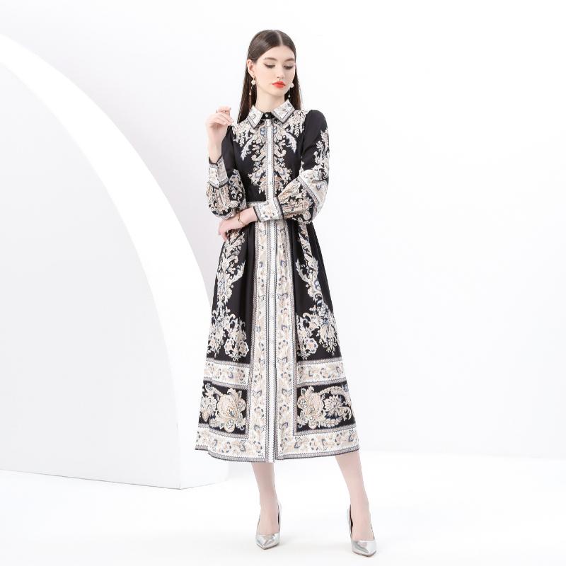Spring Summer Women Brand Designer Vintage Palace Print Single Breasted Ankle Length Party Shirt Dresses with Belt