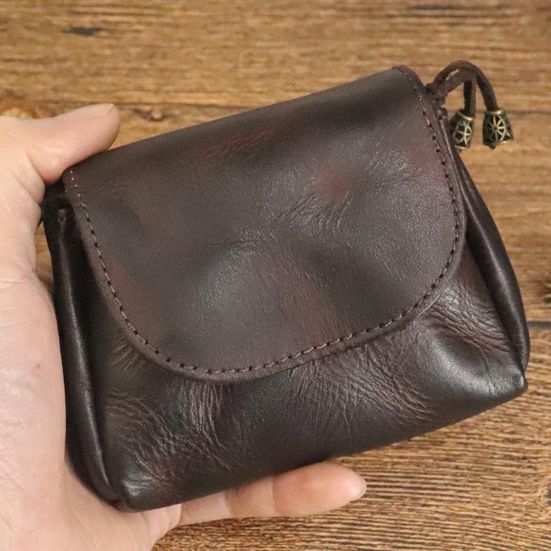 Hand Painted Vegetable Tanned Leather Coin Purse for Women, Vintage Chinese Style Layered Cowhide Leather Key Bag, Headphone Storage Bag