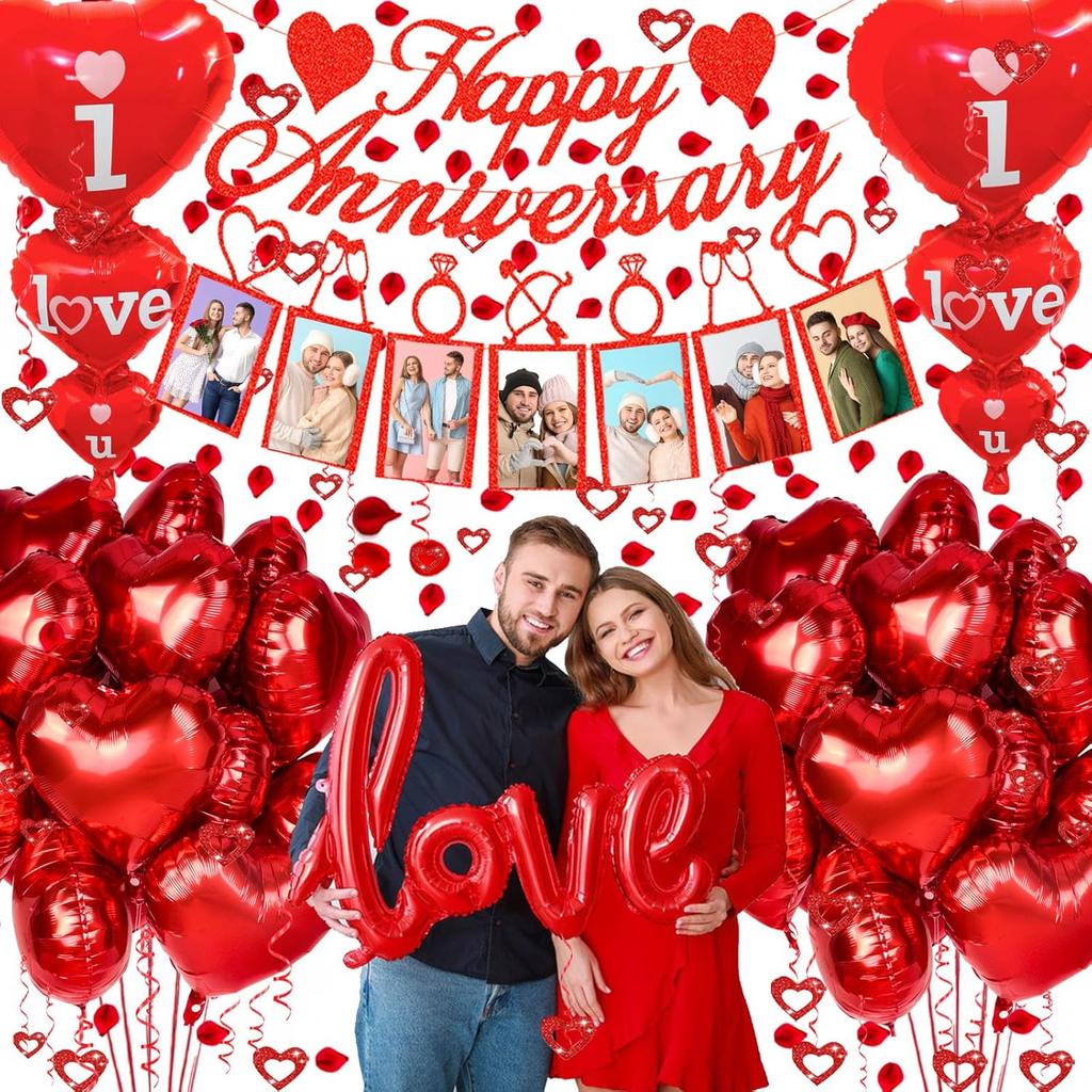 Happy Anniversary Decorations Set - Happy Anniversary Banner and Balloons, Photo Banner, I Love You and Red Heart Balloons with Rose Petals for