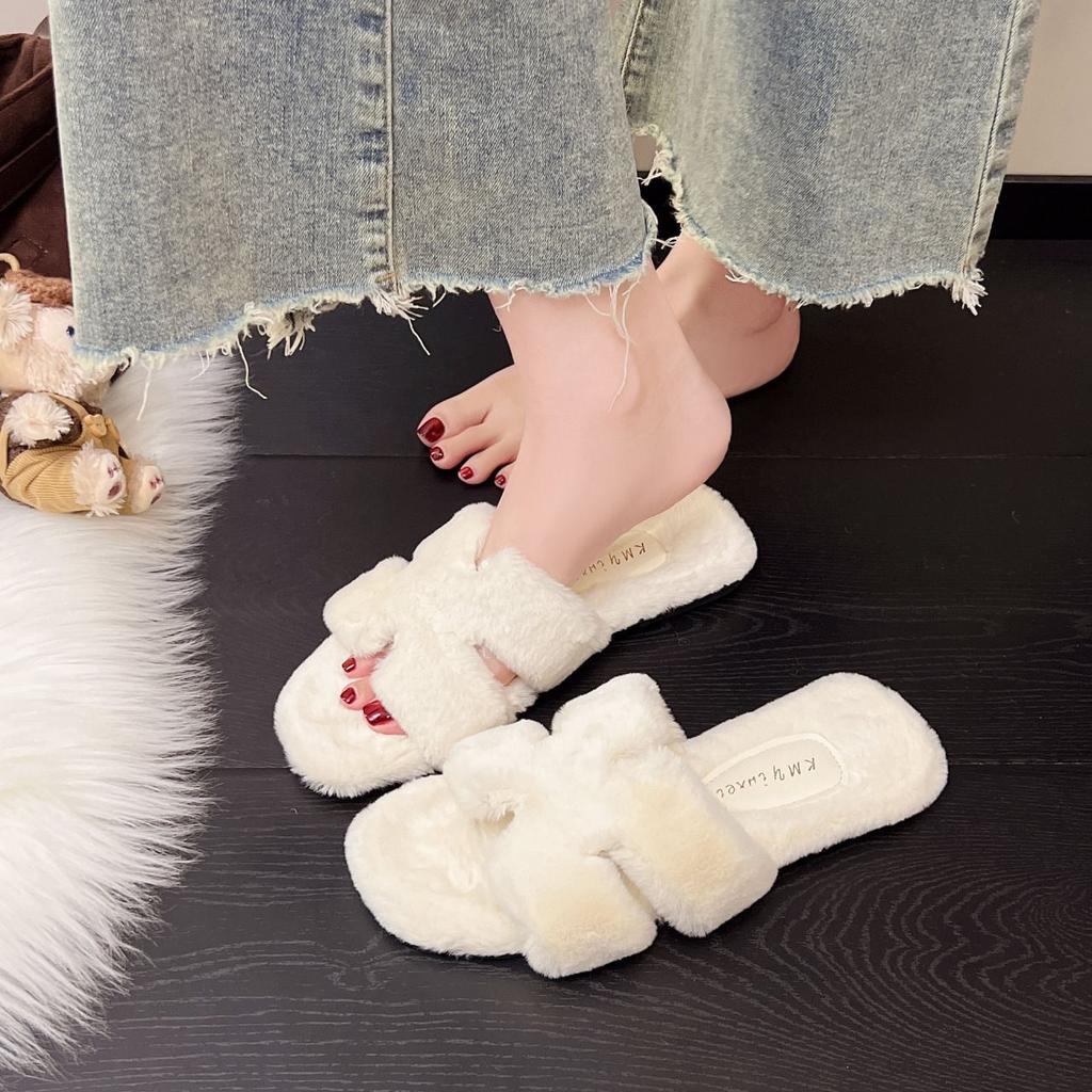 Lazy Fluffy Slippers Women's 2025 Plush New Cotton Slippers Flat Bottom Outer Wear Winter Word Small Fragrance