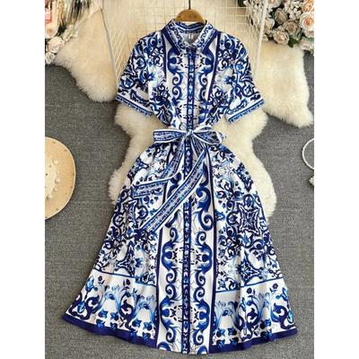Chinese Style Print Women's Dress Lapel Short Sleeves Belt Single Breasted Contrast Color Dresses 2024 Summer New 27C216