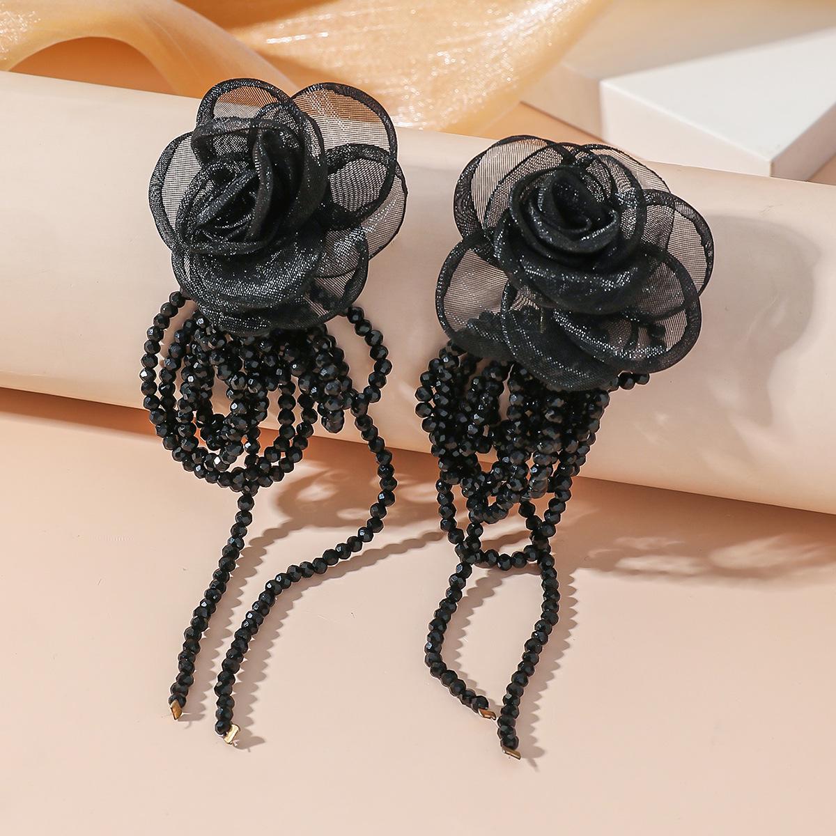 French Romantic Pearl  Crystal Tassel Earrings with Gauze Lace Flowers - Elegant Women s Set