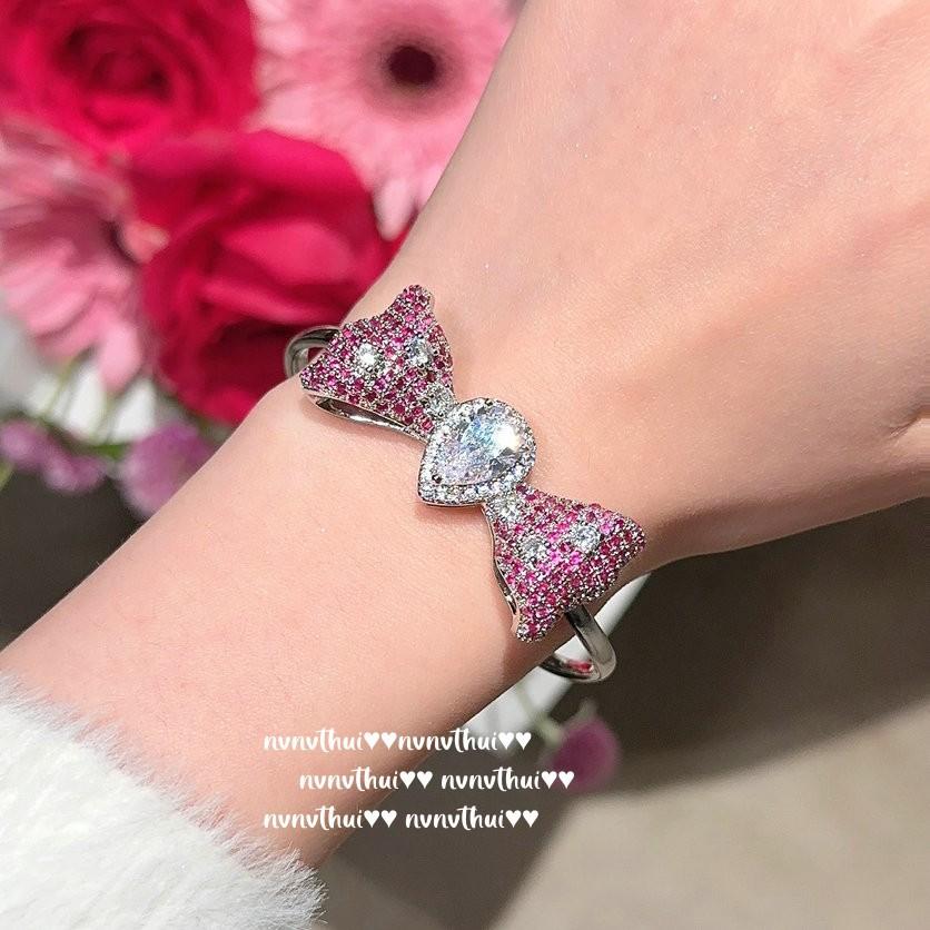 Wine Stained Rose Bow Water Drop Gem Ring, Princess On The Run, 18K Gold Plated, Rouge Pink Star, Ring