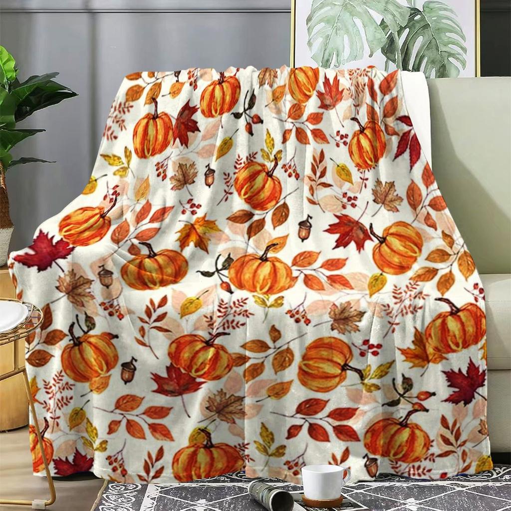 1pc Autumn Fall Flannel Blanket, Pumpkin and Maple Leaf Design Cozy Lightweight for Couch, Bed, Camping, Gift for Thanksgiving