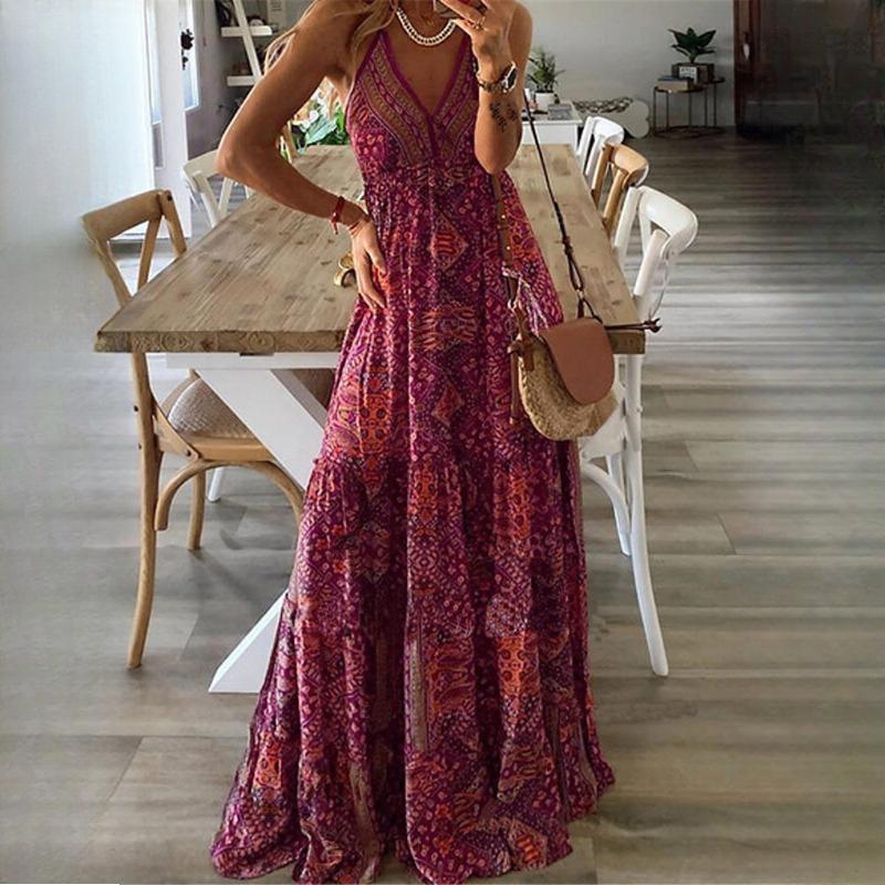GMXIA Women's Boho Halter Long High Waist V-Neck Printed Floral Dresses
