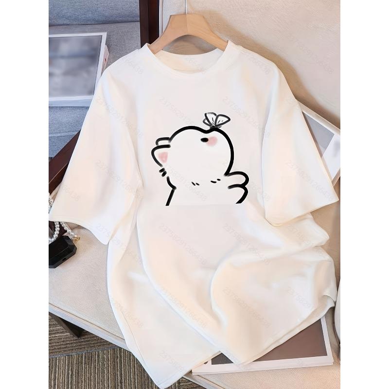 

Pure Short-Sleeve T-Shirt for Women, Stylish And Cute with a Butterfly And Kitten Print, Perfect for Casual Wear S белый