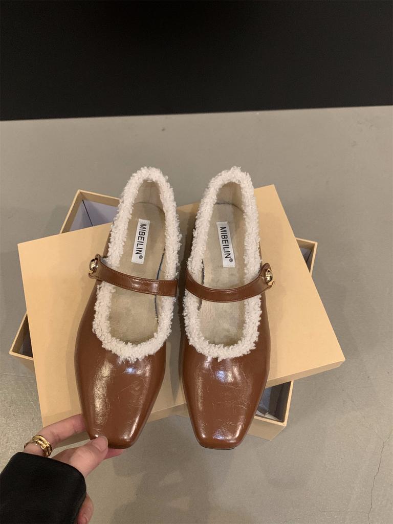 Flat Autumn and Winter Plush Cotton Shoes Single Shoes Women's Shoes 2025 New Square Head Black Mary Jane Evening Shoes
