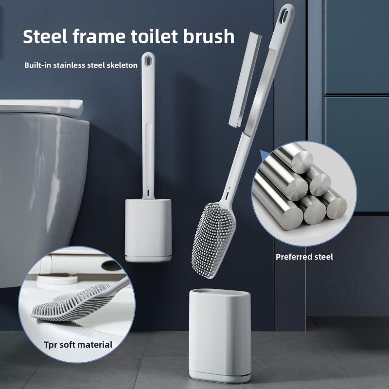 Edelstahl-Toilettenbürste, Weiche Gummi-Toilettenreinigerbürste mit Halter, Keine toten Winkel, Wandmontiertes Toilettenbürsten-Set