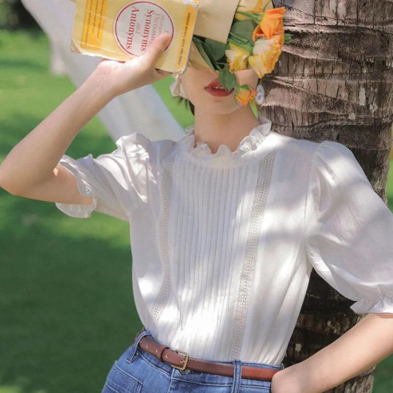 Women s French Vintage White Blouse Ruffle Stand Collar Puff Short Sleeve Pleated Lace Trim Summer Elegant Top S