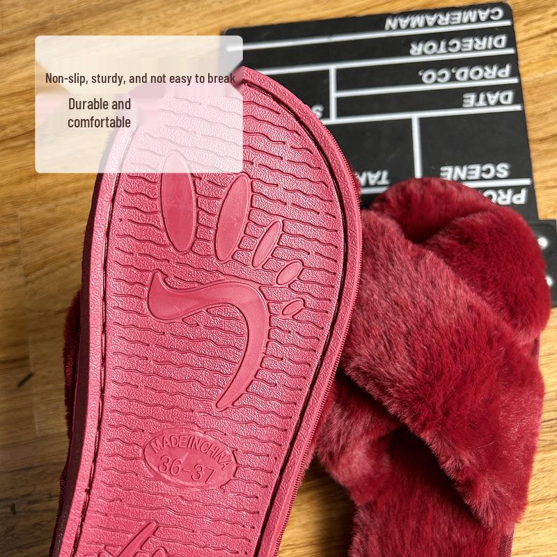 MVA-kompatible fluffy tøfler med åpen tå i kaninpels for grensehandel