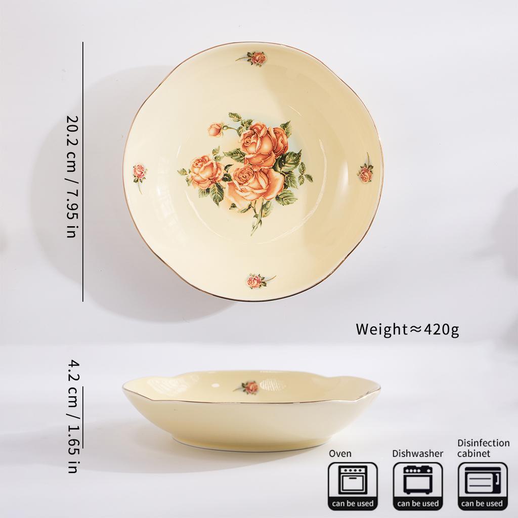 2pcs Elegant European-Style Ceramic Serving Plate - Golden Detail And Rose Pattern, Versatile for Steak, Pasta, Soup, Salad, Fru