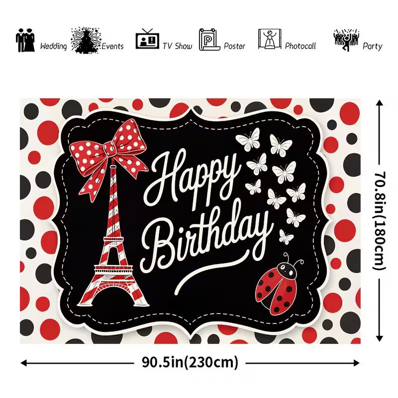2D Pariser Marienkäfer Geburtstag Hintergrund, Rotes Schwarzes Punktmuster Banner, Geburtstagsparty Dekoration