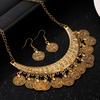 2 Stück/Set Halskette Ohrringe Set Verstellbare Kette Retro Graviertes Muster Münze Quasten Braut Halskette mit Strasssteinen Eingelegt Schmuck Geschenk
