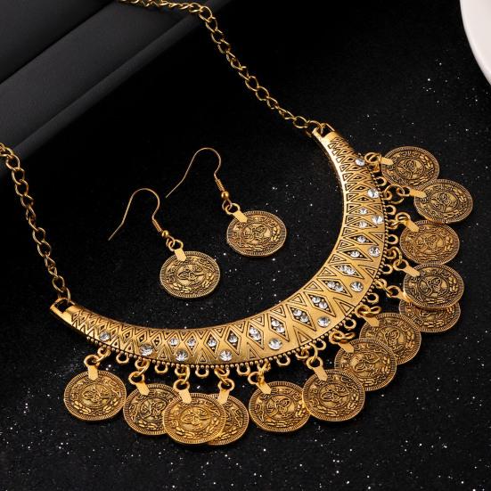 2 Stück/Set Halskette Ohrringe Set Verstellbare Kette Retro Graviertes Muster Münze Quasten Braut Halskette mit Strasssteinen Eingelegt Schmuck Geschenk