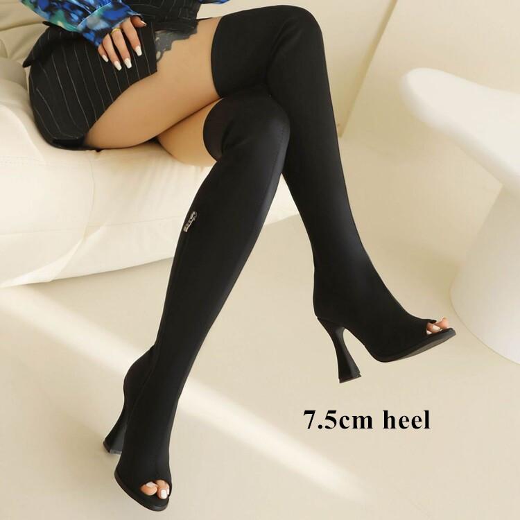 Open Toe High-heeled Women Over-the-knee Boots Stretch Bright Black Patent Leather Zipper Thigh Boot Faux Suede 46