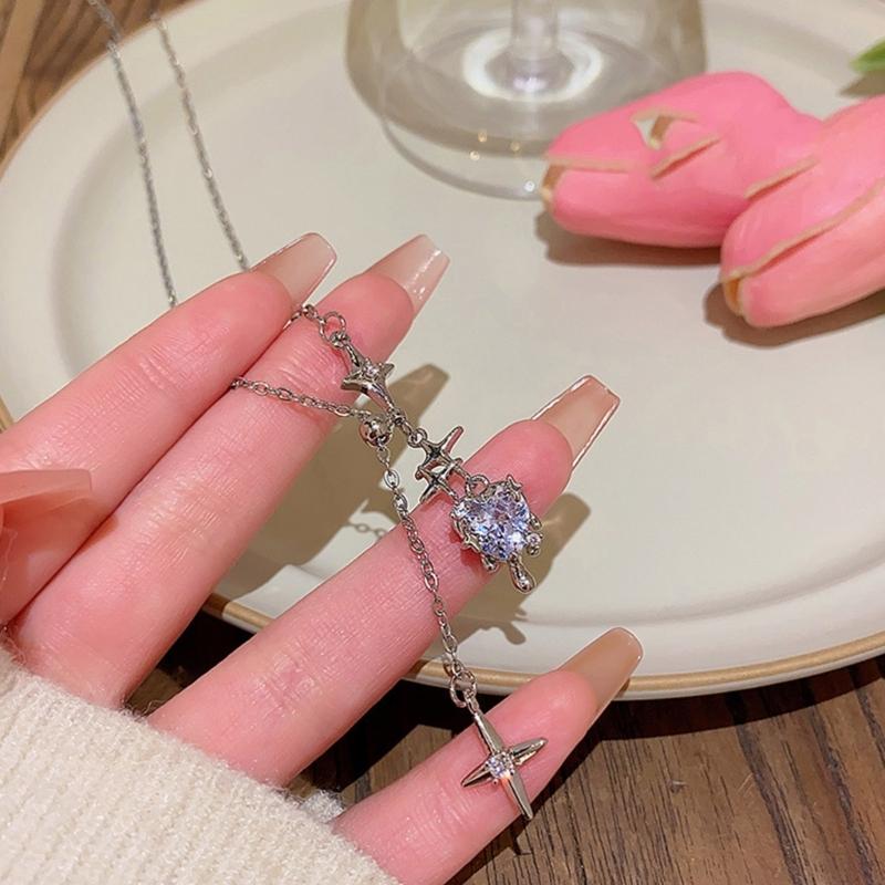 Korean Zircon Crystal Heart Clavicle Necklace Silver Color Y2k Star Pendant Necklaces for Women Aesthetic Jewelry Gift