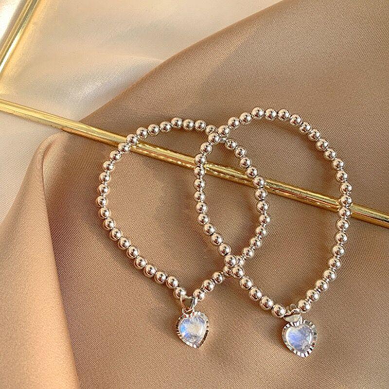 2023 New designedMoonstone Heart Bracelet for Women Metal Beads Silver Chain Bangle Fashion Accessories Jewelry