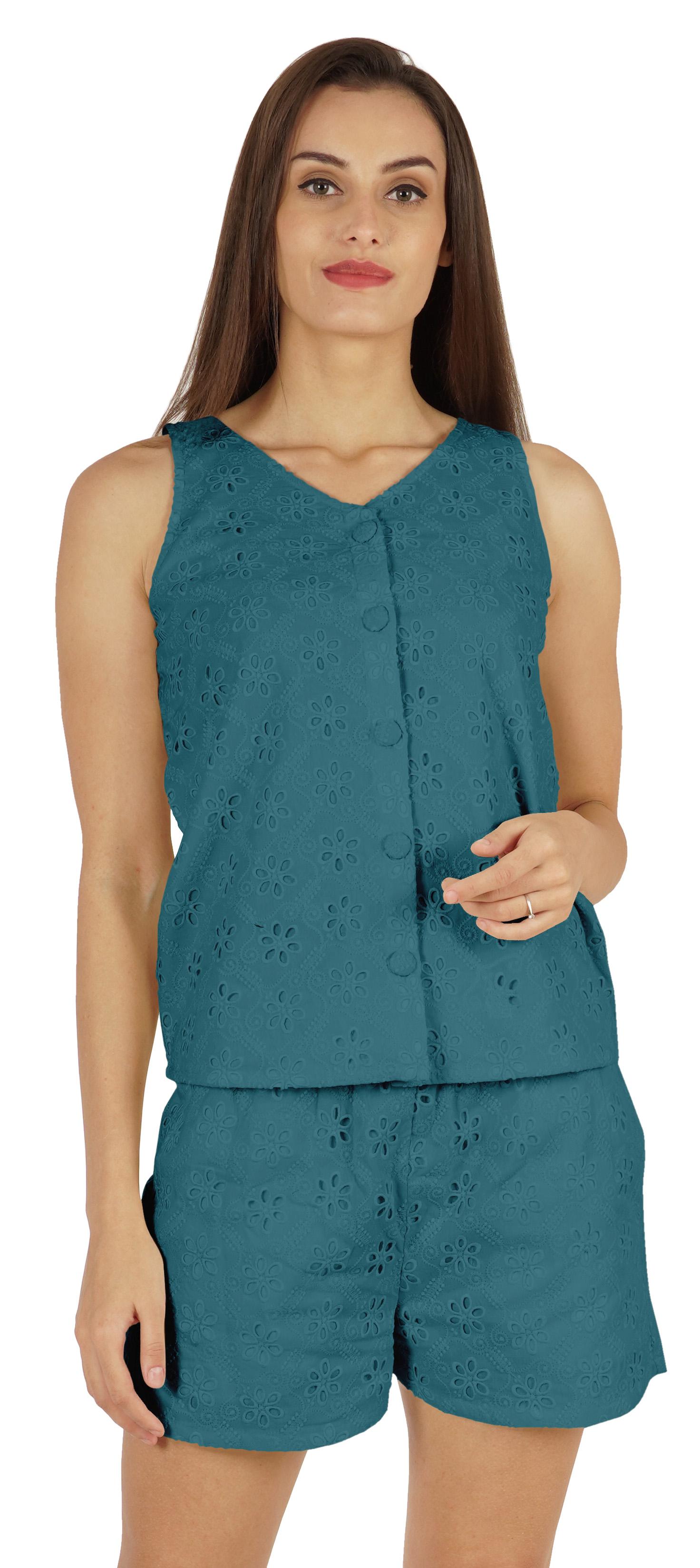 

Bimba Однотонний верх і короткий комплект нічного одягу Schiffli для жіночого повсякденного одягу, 2 шт. XXL чирок синього кольору