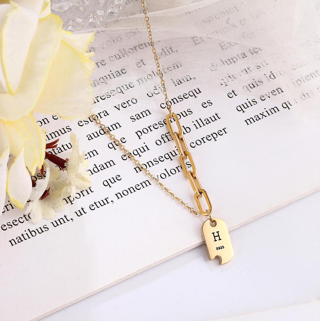 Retro European & American Fairy Titanium Steel Necklace, Women's 14k Water Wave Chain with Geometric Letter Cutout, s925 Design