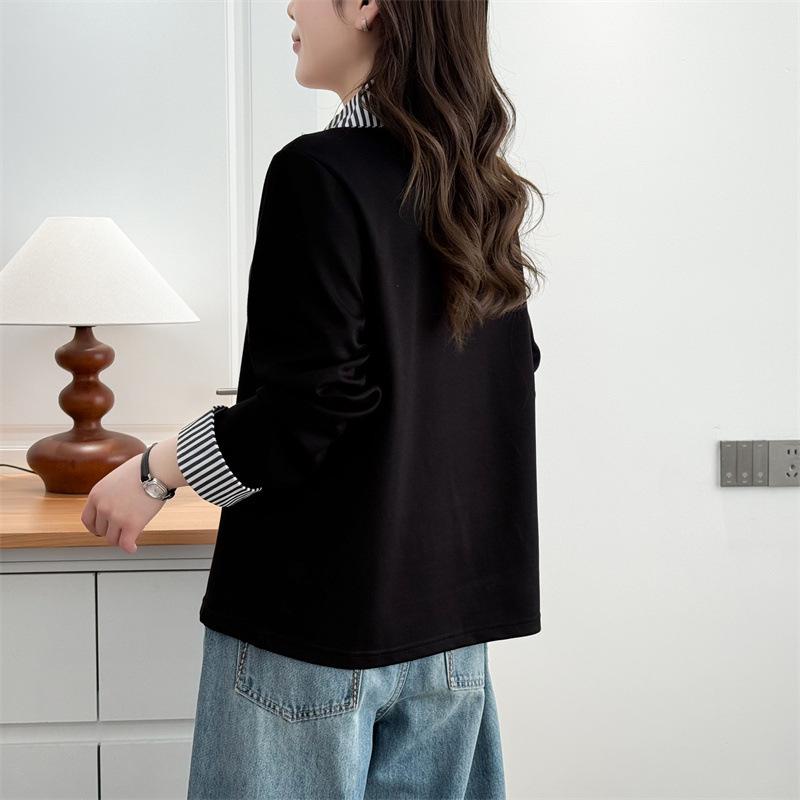 Spring Festival 2026: Plus Size Polo-Collar Long Sleeve Sweatshirt (2 Pieces) with Striped Collar Patchwork 8659