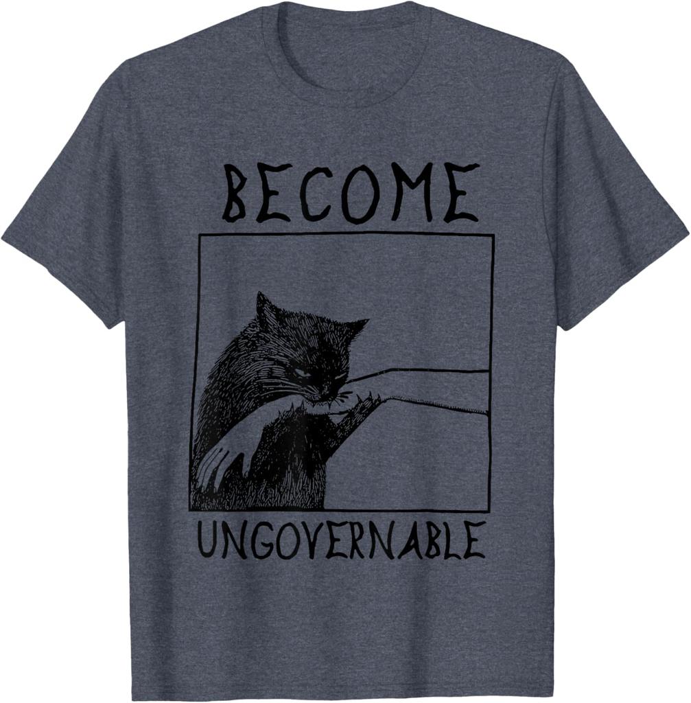 Become Ungovernable Biting Cat Meme Graphic Tee Cotton Casual Crewneck T-Shirt for Daily Wear