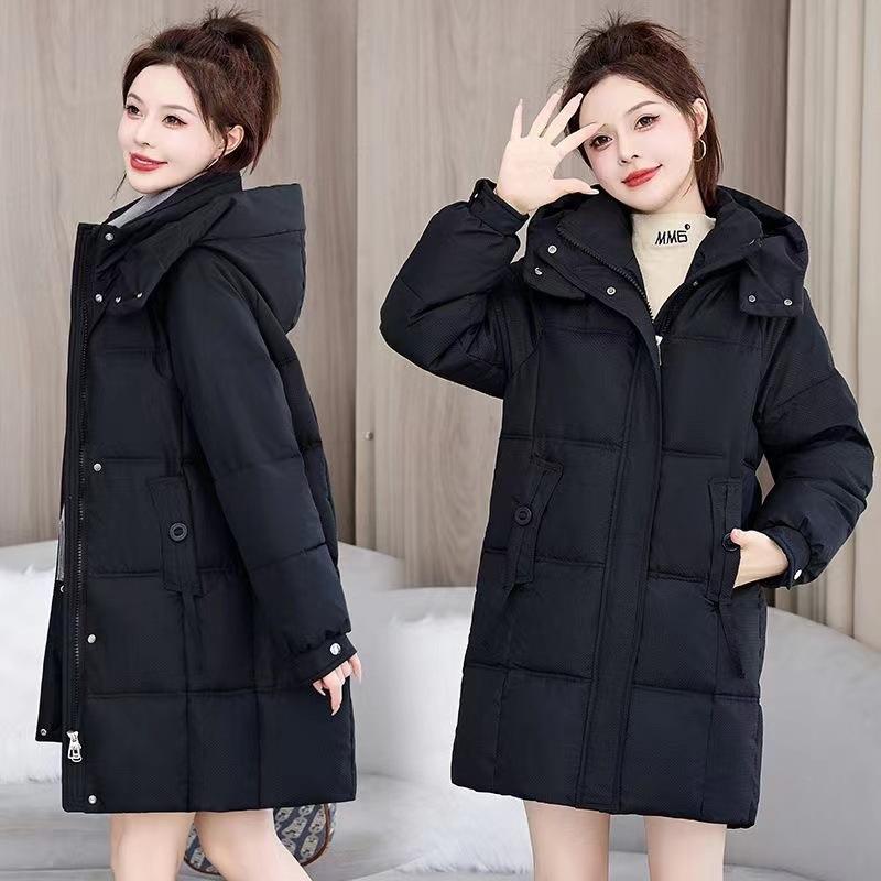 Winter New Women's Mid-Length Down Cotton Jacket with Hood Korean Style Simple Versatile Thickened Warm Cotton Coat