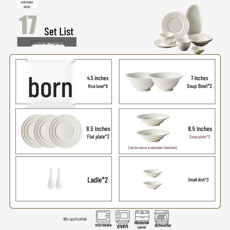Wuhe 17-Piece Milkshake White Dinnerware Set