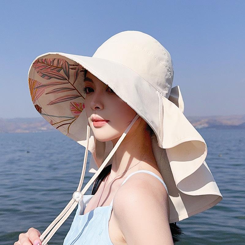 8548 Summer Sunscreen Visor Big Brim Shawl Bucket Hat Fashion Bow Empty Top Ponytail Hat Women