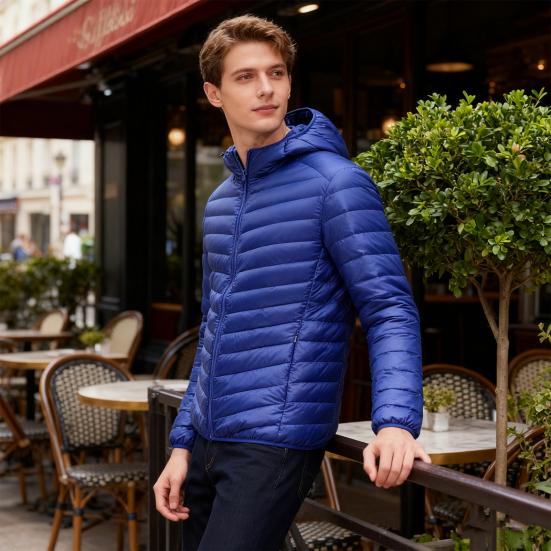 Men Down Coat Hooded Lightweight Warm Winter Jacket Long Sleeve Zipper Closure Windproof Cold Weather Outerwear